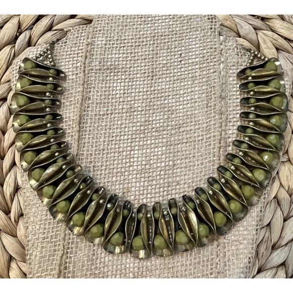 Unbranded Jewelry - Gold Tone Olive Green Acrylic Beaded Bib Statement Necklace Egyptian Revival